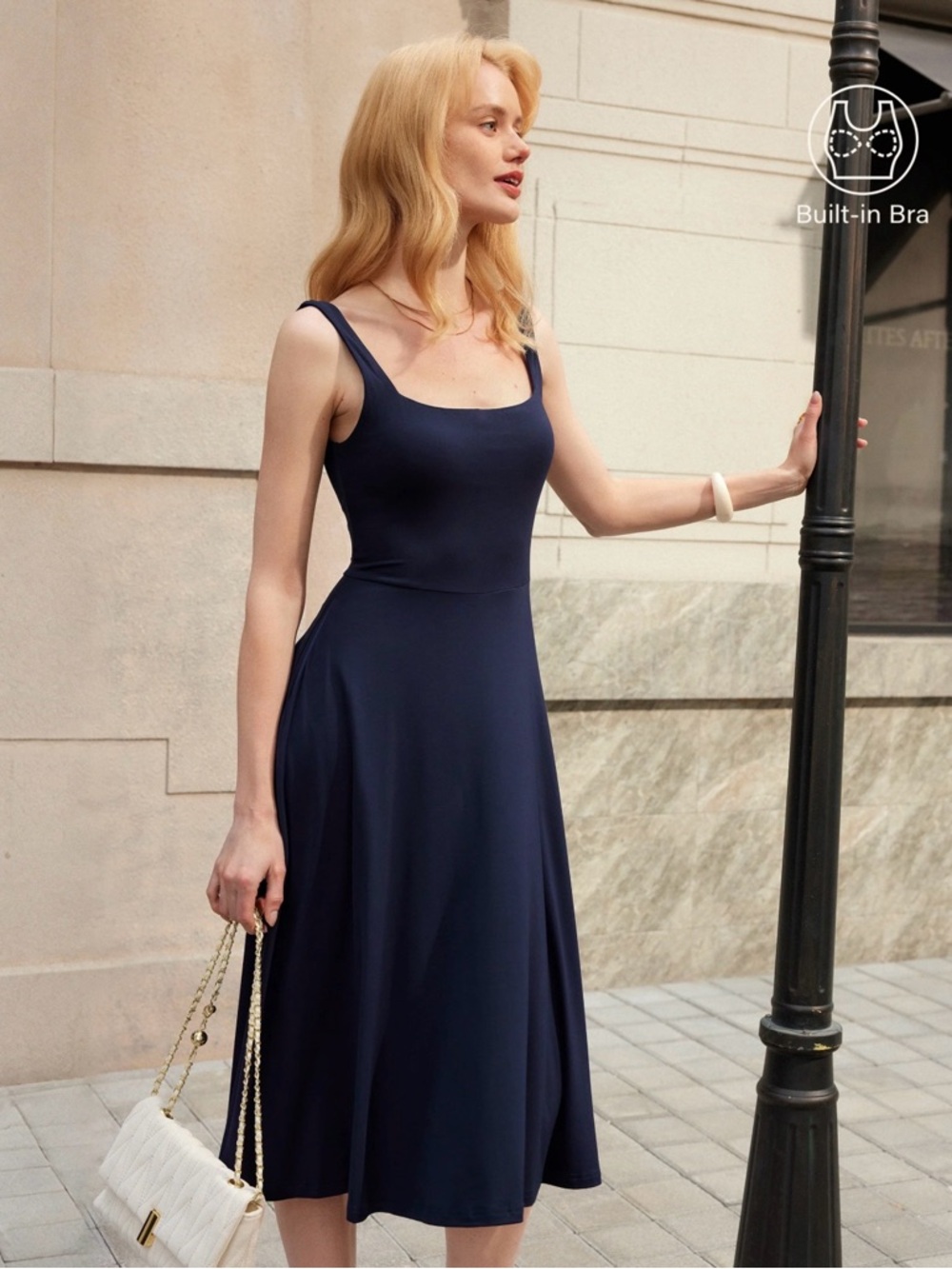 OGL Navy Built-In Bra Midi A-Line Dress